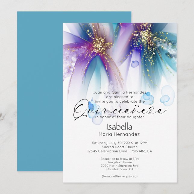 Convites Quinceanera | Teal Roxo Abstrato Marcante (Frente/Verso)