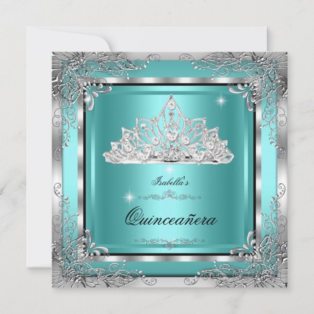 Convites Quinceanera Teal Silver Diamond Tiara 15 (Frente)