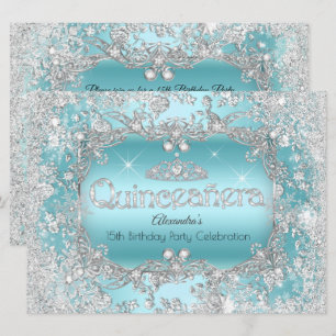 Convites Quinceanera Teal Silver Tiara Winter Wonderland