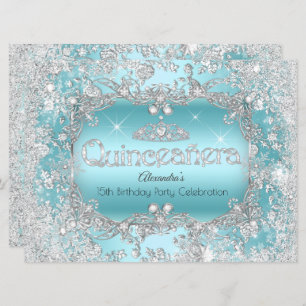 Convites Quinceanera Teal Silver Tiara Winter Wonderland