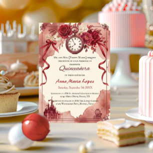 Convites Quinceanera tema Cinderela aquarela vermelha