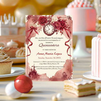 Convites Quinceanera tema Cinderela aquarela vermelha