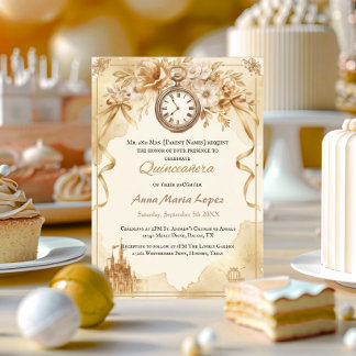 Convites Quinceanera tema Cinderela dourado aquarela