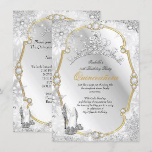 Convites Quinceanera Terra de Inverno Floco de Neve Dourado