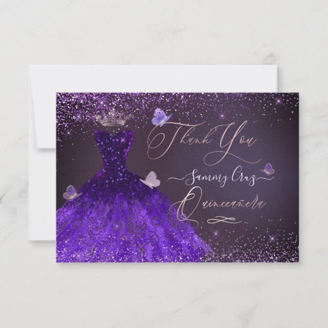 Convites Quinceanera Thank You Ultra Violet Glitter   (Frente)