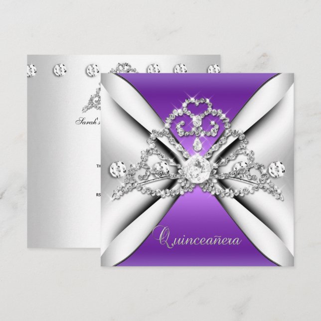 Convites Quinceanera Tiara 15 Roxo Prata Branco (Frente/Verso)