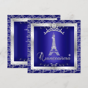 Convites Quinceanera Tiara Azul Real Prata Torre Eiffel 2
