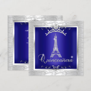 Convites Quinceanera Tiara Azul Royal Prata Torre Eiffel