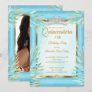 Convites Quinceanera Tiara Azul Turquesa Dourado Festa de A