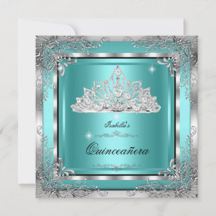 Convites Quinceanera Tiara de Diamantes Prata Azul Turquesa