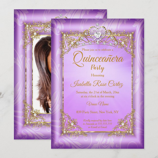 Convites Quinceanera Tiara de foto pérola roxa festa dourad (Frente/Verso)