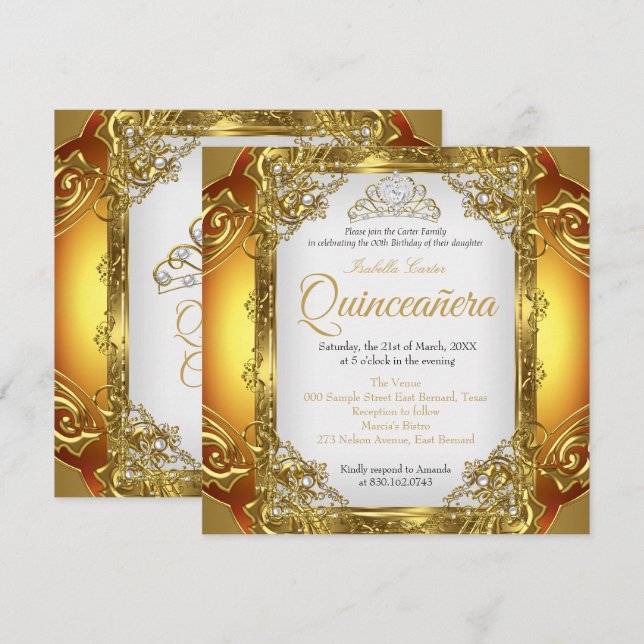 Convites Quinceanera Tiara de Renda Pérola Branca Dourada A (Frente/Verso)