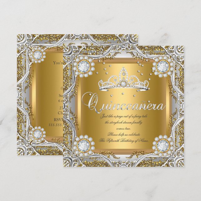 Convites Quinceanera Tiara Dourado Silver Diamond Aniversár (Frente/Verso)