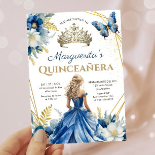 Convites Quinceañera Tiara Floral Borboleta Azul Real Doura