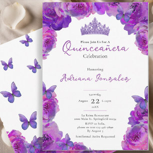 Convites Quinceanera Tiara Floral Roxa Elegante XV 15