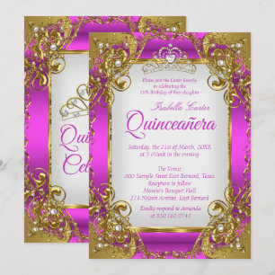 Convites Quinceanera Tiara Magenta Pérola Dourada Festa