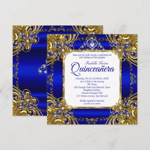 Convites Quinceanera Tiara Pérola Dourada Azul Real 15º