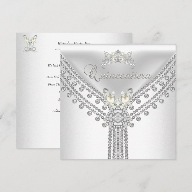 Convites Quinceañera Tiara White Diamond Pearl (Frente/Verso)