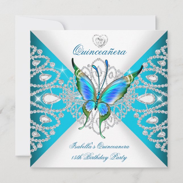 Convites Quinceanera Tiaras de Borboleta Azul Teal Profundo (Frente)