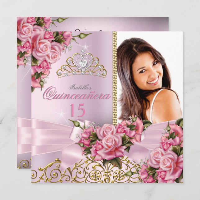 Convites Quinceanera Tiaras de Rosas Rosa Bonito Foto Anive (Frente/Verso)