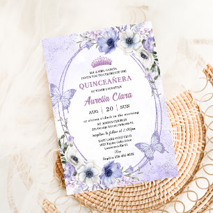 Convites Quinceañera Tiaro Floral de Lilás Roxo Borboletas