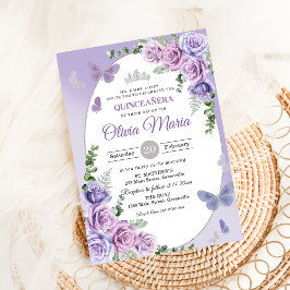 Convites Quinceañera Tiaro Floral de Lilás Roxo Borboletas