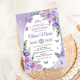 Convites Quinceañera Tiaro Floral de Lilás Roxo Borboletas