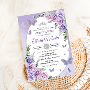 Convites Quinceañera Tiaro Floral de Lilás Roxo Borboletas