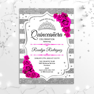 Convites Quinceanera - Tiras Prateadas Brancas Rosa Quente