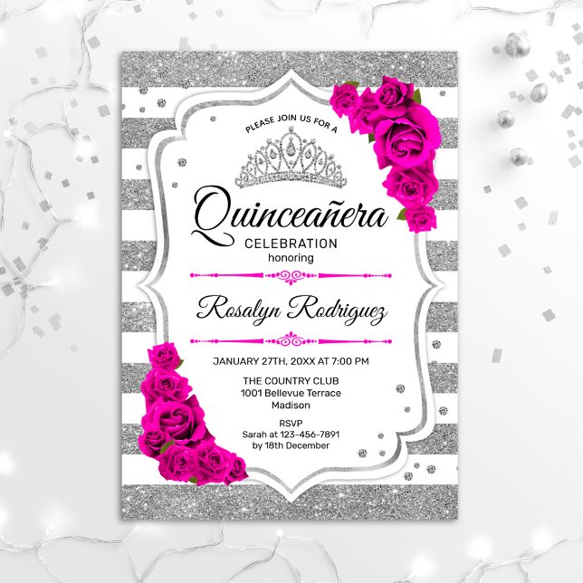 Convites Quinceanera - Tiras Prateadas Brancas Rosa Quente (Criador carregado)