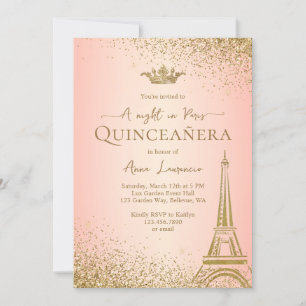 Convites Quinceanera, Torre Elegante Dourada Paris Eiffel, 