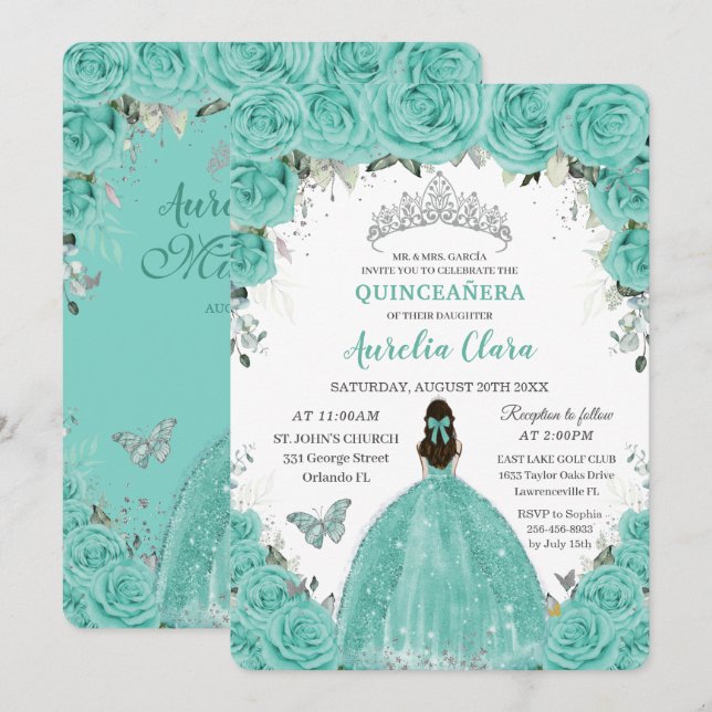 Convites Quinceañera Turquesa Azul Floral Prata Princesa  (Frente/Verso)