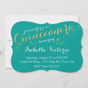 Convites Quinceanera Turquesa e Script Dourado
