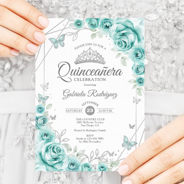 Convites Quinceanera Turquesa Floral Silver (Criador carregado)