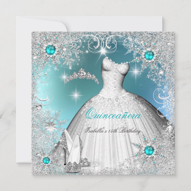 Convites Quinceanera Turquesa Pérola Prata Flocos de Neve d (Frente)