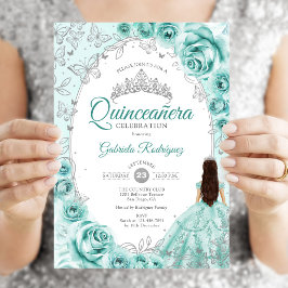 Convites Quinceanera Turquesa Prata Floral