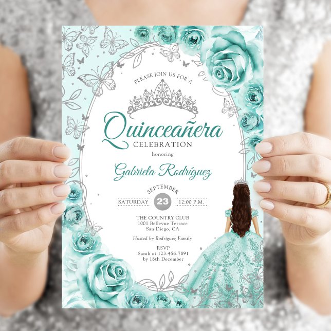 Convites Quinceanera Turquesa Prata Floral (Criador carregado)