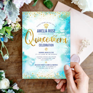 Convites Quinceañera Turquoise Aquarela Folha de Ouro