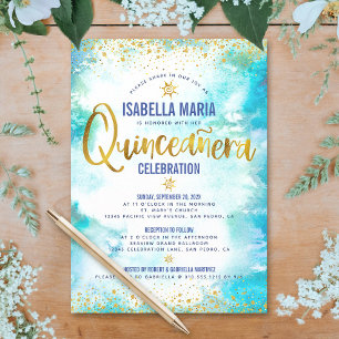 Convites Quinceañera Turquoise Aquarela Folha de Ouro Elega