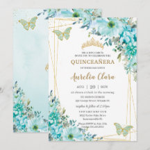 Quinceañera Turquoise Azul Borboletas Douradas