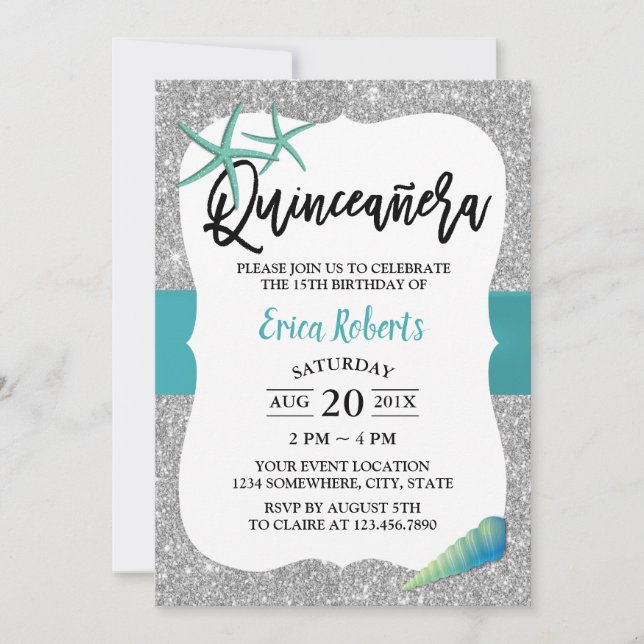 Convites Quinceanera Turquoise Beach Starfish Modern Silver (Frente)