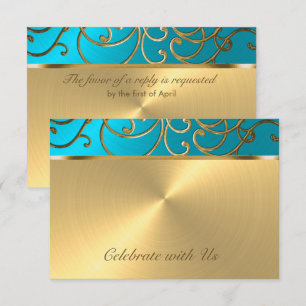 Convites Quinceanera Turquoise Blue e Dourada Filigree Swir