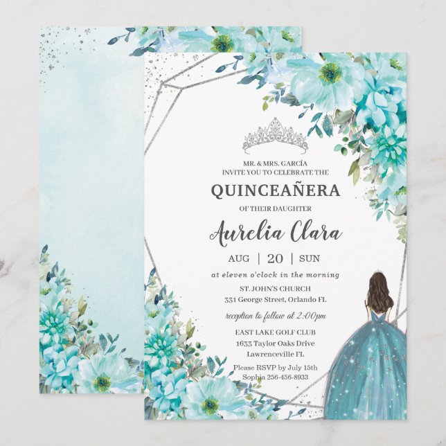 Convites Quinceañera Turquoise Blue Floral Silver Princesa (Frente/Verso)