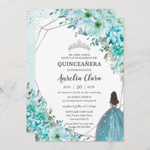Convites Quinceañera Turquoise Blue Floral Silver Princesa