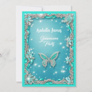 Convites Quinceañera turquoise Butterfly glitter elegante