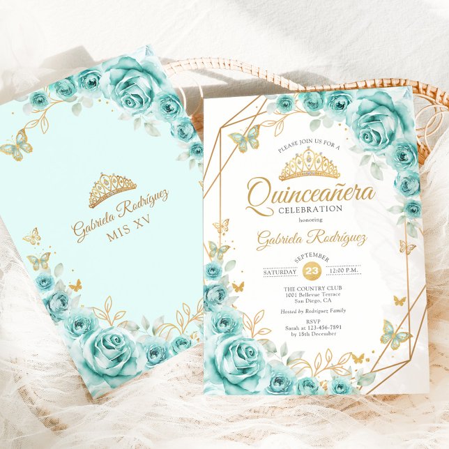 Convites Quinceanera Turquoise Floral Dourada (Criador carregado)