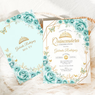 Convites Quinceanera Turquoise Floral gOLD