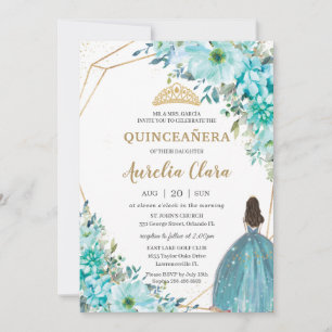 Convites Quinceañera Turquoise Green Floral Princesa Doura