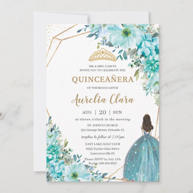Convites Quinceañera Turquoise Green Floral Princesa Dourad (Frente)