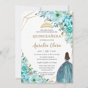 Convites Quinceañera Turquoise Green Floral Princesa Dourad